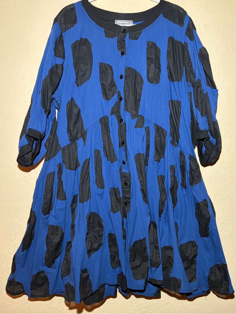 Alembika Abstract Blue and Black Print Button Up Swing Dress